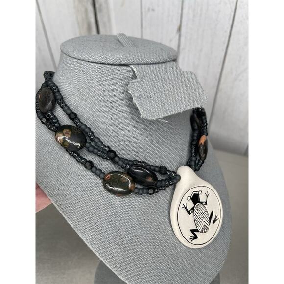 Stone Frog Pendant Necklace Multi Beaded Stone & Wood Statement Boho Hippie - Picture 2 of 4